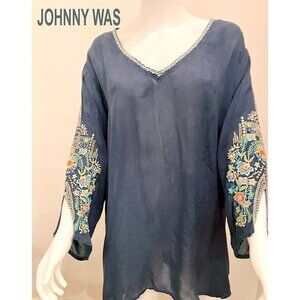 Johnny Was teal embroidered cupro tunic, V-Neck 3/4 Sleeves , Plus size 2/3X